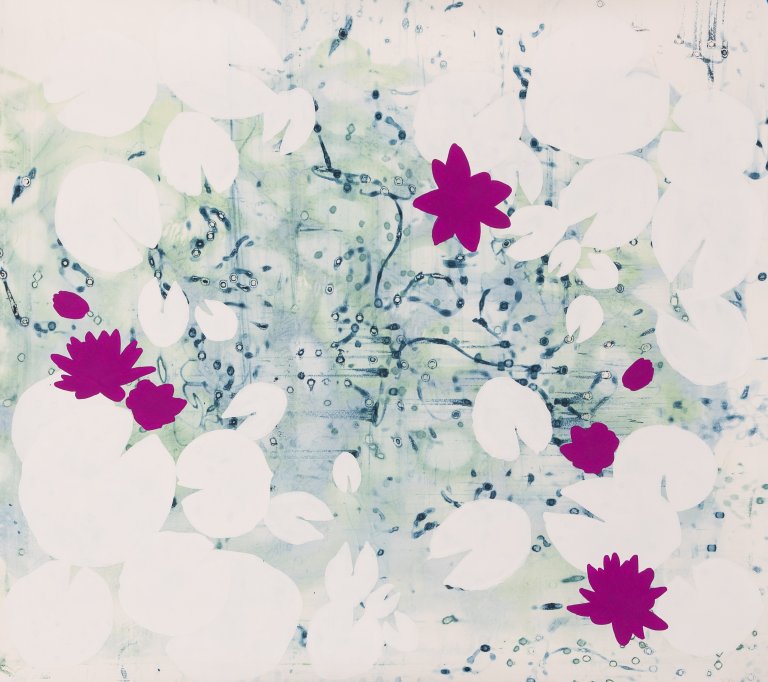 a silkscreen painting on paper with a background of soft blue and green dots and organic shapes. in the foreground there are clusters of white lily pad silhouettes against this blue green background. there are a few magenta silhouettes of water lily blossoms. this piece resembles an aerial view of a pond with water lilies and lily pads floating on its surface.
