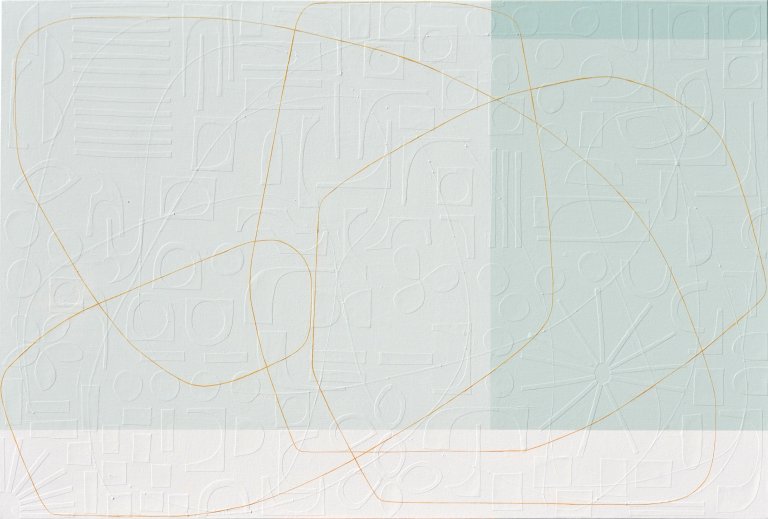 an abstract multimedia collage on canvas in shades of pale mint, mint green, and white. the right third of the piece is a mid toned mint green, with a small rectangle of slightly darker mint green above it. the left 2/3 of the piece are a pale mint green. the bottom 1/5 of the piece is an off-white color. there is a thin strip of tangerine-colored paper that winds its way around the piece, creating a path like an unexpected journey. On the surface, this canvas appears as though it consists of lines that form abstract shapes, atop geometrically straight rectangles, all applied by the stroke of a paintbrush. However, as you step forward the lines of these shapes disconnect from the canvas and you notice each was placed on by hand: using hand-cut, extremely fine thin strips of paper masterfully layered upon the canvas. Moreover, once this realisation sets in, you suddenly become aware of an entirely new layer of texture. Different hand-cut shapes of paper adhere to the canvas before any painting takes place. Creating a degree of texture and depth to delightfully unexpected.