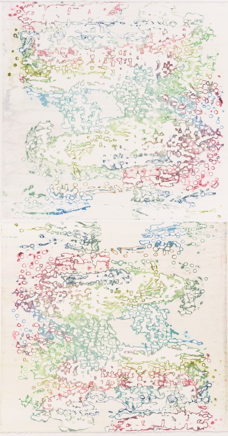 an abstract silkscreen painting made up of a maze-like collection of rounded lines and dots in reddish pink, lime green, and deep teal