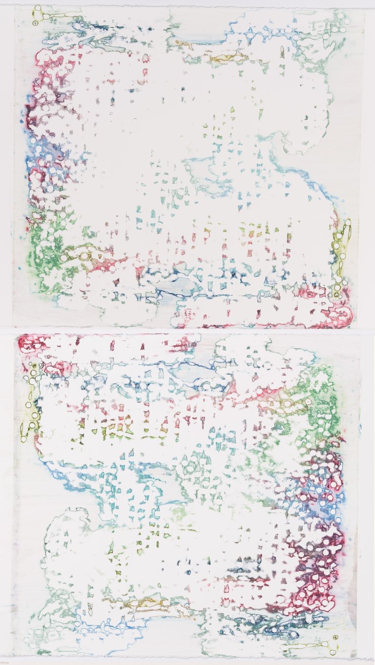 an abstract silkscreen painting made up of a maze-like collection of rounded lines and dots in reddish pink, lime green, and deep teal