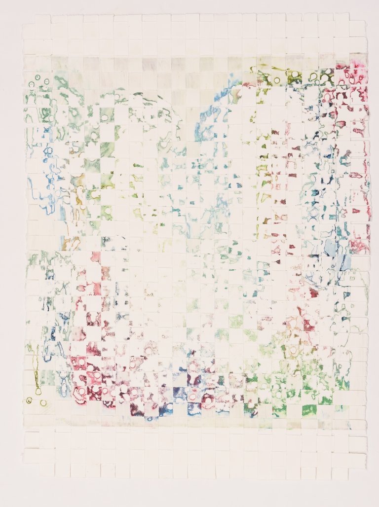 an abstract silkscreen painting made up of a maze-like collection of rounded lines and dots in reddish pink, lime green, and deep teal. the original piece has been divided into horizontal strips and woven together with a blank piece of white paper divided into vertical strips