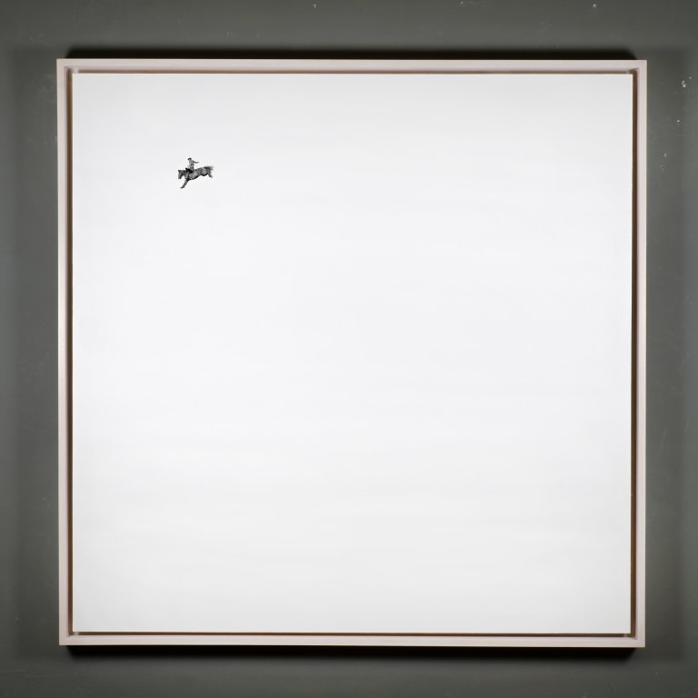 a highly detailed illustration of a rider on a bucking horse in motion drawn painstakingly in graphite in the top left corner of a large white panel board