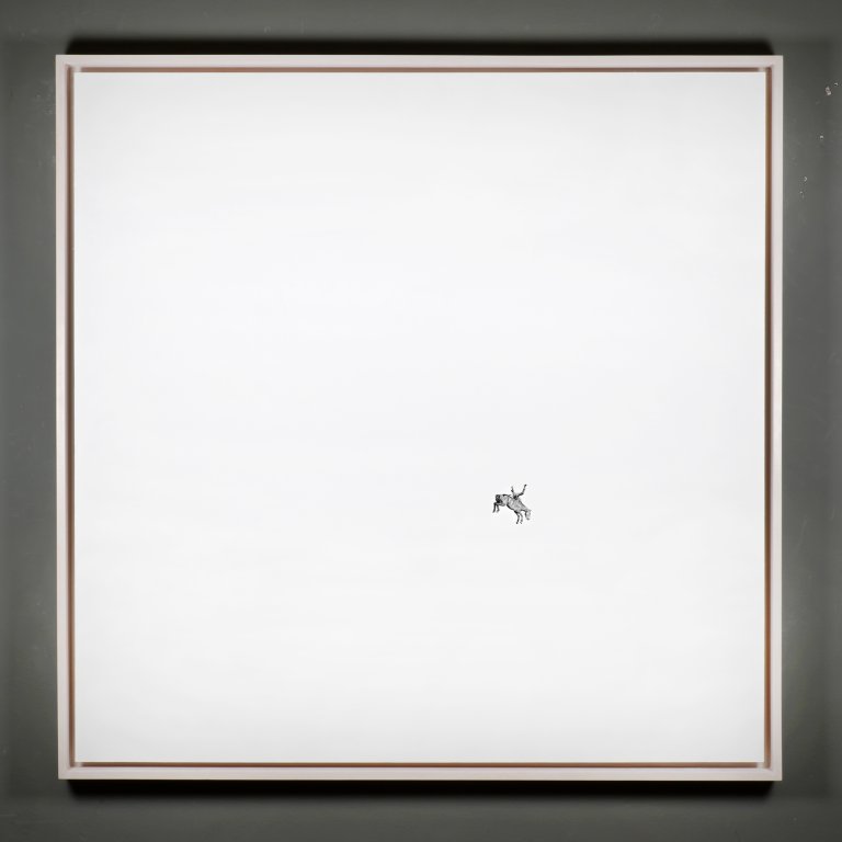 a highly detailed illustration of a rider on a bucking horse in motion drawn painstakingly in graphite in the bottom center right of a large white panel board