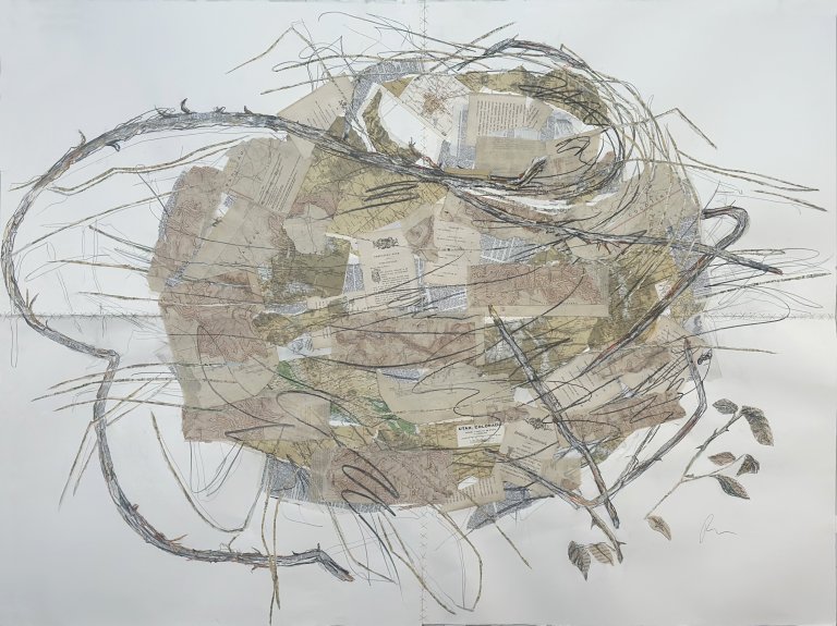 a mixed media collage of ephemera on paper in the shape of a bird’s nest. the main colors of this piece of soft ash, browns, dusky tan, and taupe against a white background.