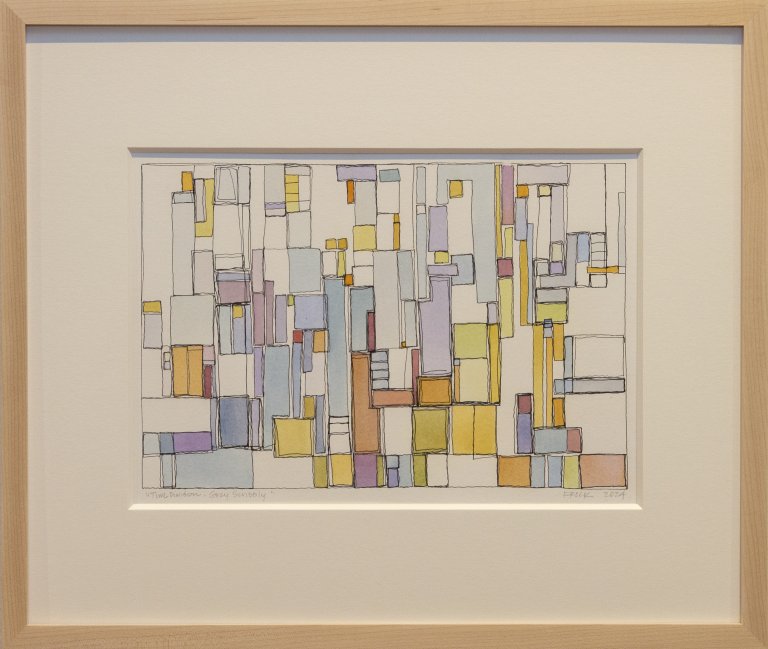 an abstract interpretation of time divided into small colored blocks in shades of lavender, lilac, pale blue, lemon yellow, light lime, periwinkle, and peach. there are thin black ink outlines around the different blocks.