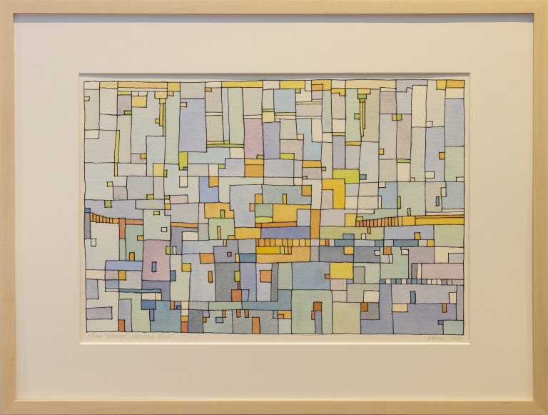 an abstract interpretation of time divided into small colored blocks in shades of lavender, lilac, pale blue, lemon yellow, light lime, periwinkle, and peach. there are thin black ink outlines around the different blocks.