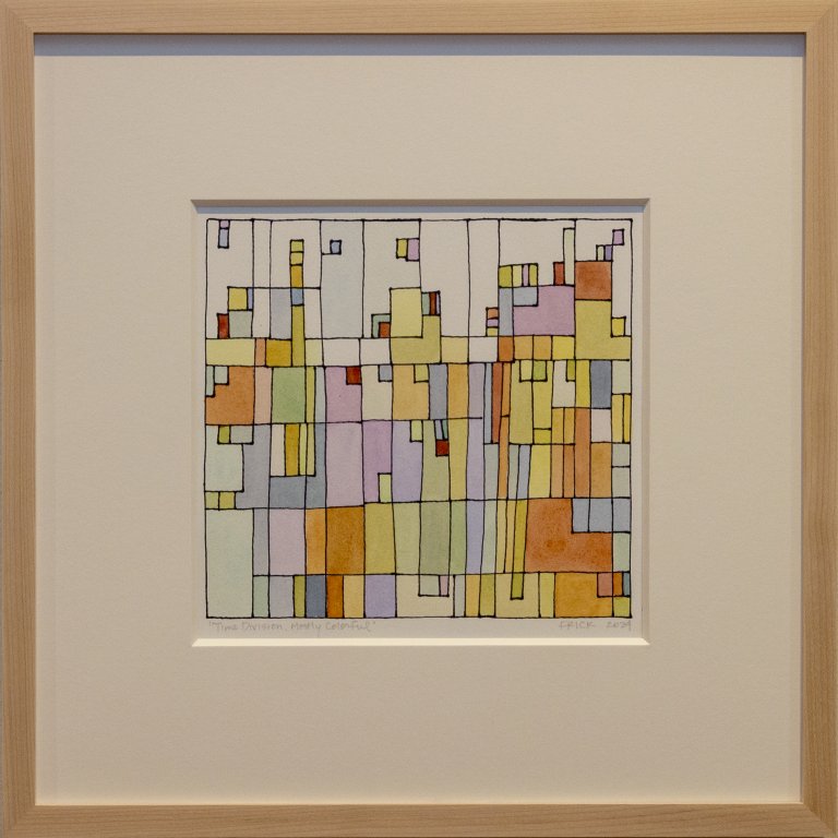 an abstract interpretation of time divided into small colored blocks in shades of lavender, lilac, pale blue, lemon yellow, light lime, red, orange, periwinkle, and peach. there are thin black ink outlines around the different blocks.