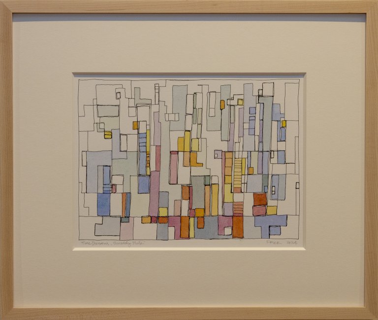 an abstract interpretation of time divided into small colored blocks in shades of lavender, lilac, pale blue, lemon yellow, light lime, periwinkle, and peach. there are thin black ink outlines around the different blocks.
