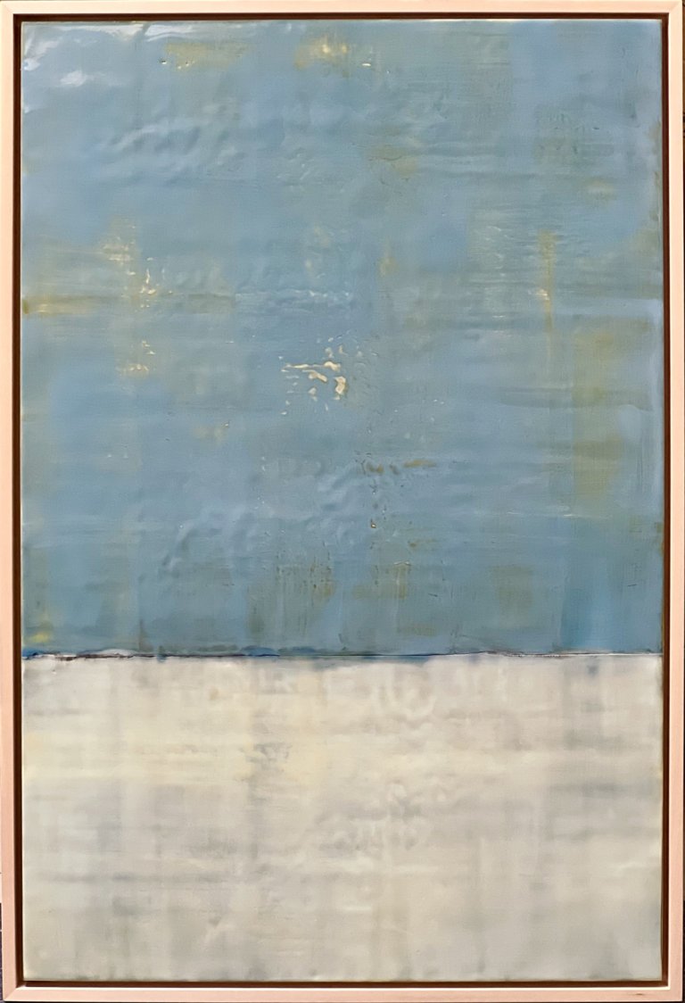 an abstract encaustic piece consisting of two color blocks. the top is a dusky blue with some olive green peaking through. the bottom section is dove gray with a slight tinge of yellow. the colors have a feeling of melancholy, much like one would feel at the end of a long day.