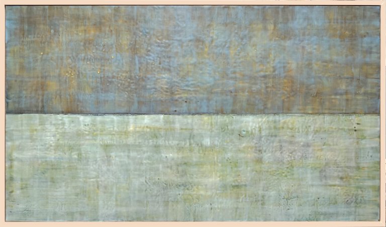 an abstract encaustic piece consisting of two color blocks. the top is a dusky blue with a lot of olive green peaking through. the bottom section is pale mint with a slight tinge of yellow. this piece has a feeling that reflects the way one might feel after making a new acquaintance.