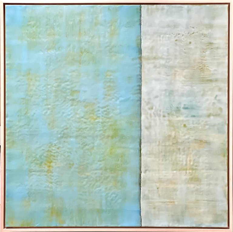 an abstract encaustic piece consisting of two color blocks. the left is a vibrant electric blue with deep yellow and olive green peaking through. the right section is pale gray with a slight tinge of gold and electric blue. this piece has a feeling that reflects the way one might feel after coming face to face with a difficult, yet just, decision.