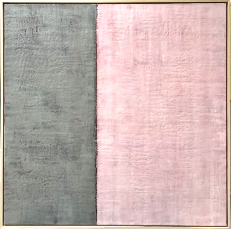 an abstract encaustic piece consisting of two color blocks. the left is a deep moody gray with deep purple and indigo peaking through. the right section is bubblegum pink with a slight tinge of magenta. because of the contrast between the gray and the pink, this piece has a feeling that reflects the way one might feel making a difficult move or decision that could necessitates a cautionary glance.