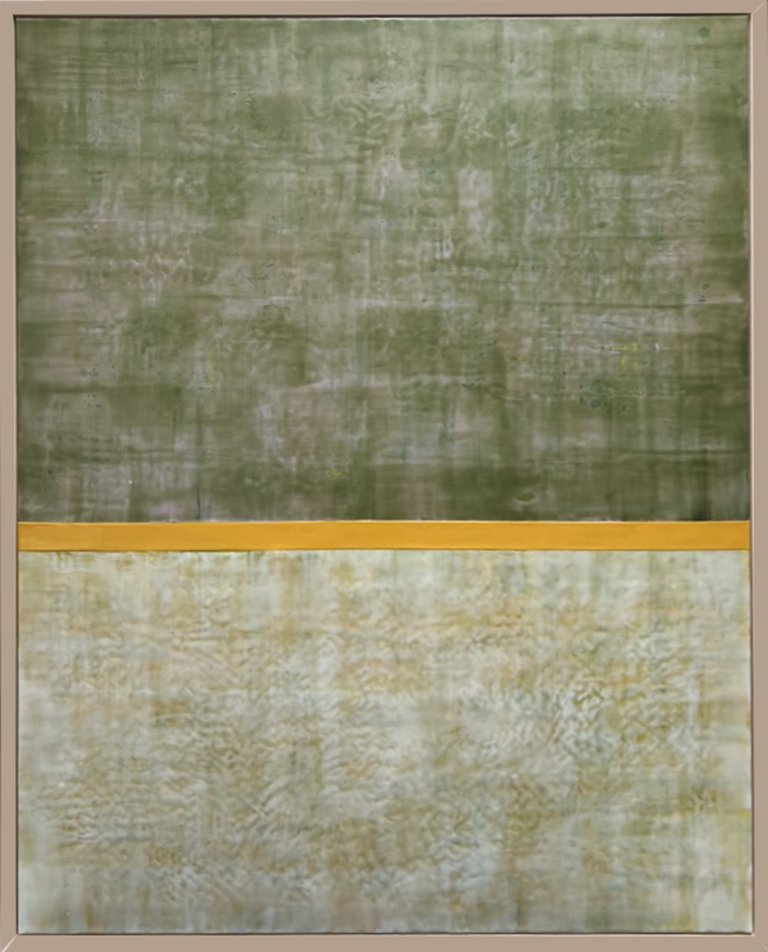 an abstract encaustic piece consisting of two color blocks. the top is a soft olive green with grays peaking through. the bottom section is dusty sage with a slight tinge of gold. the two blocks are separated by a goldenrod strip. the greens paired with the yellow stripe communicate a sense of something more than meets the eye and requires interpretation.
