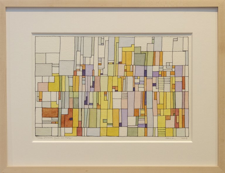 an abstract interpretation of time divided into small colored blocks in shades of lavender, lilac, pale blue, lemon yellow, light lime, periwinkle, and peach. there are thin black ink outlines around the different blocks.