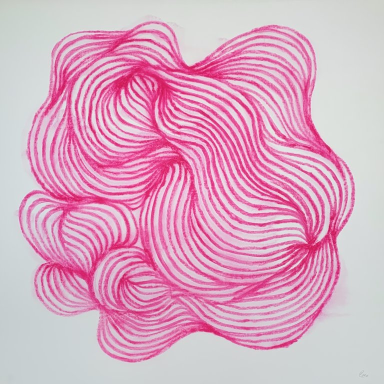 an abstract waved shape that is flowy and constructed of hot pink lines against a white background