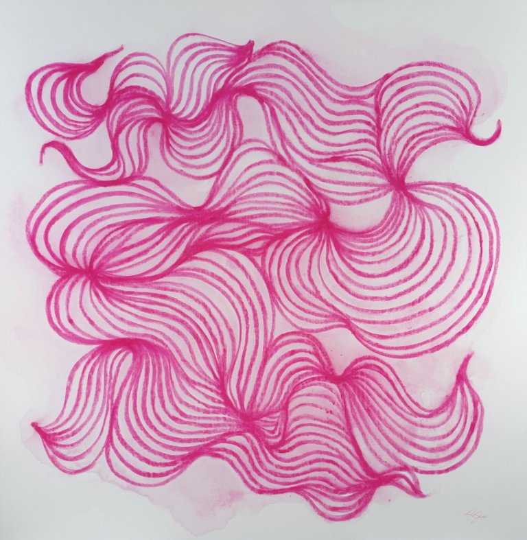an abstract waved shape that is flowy and constructed of hot pink lines against a white background