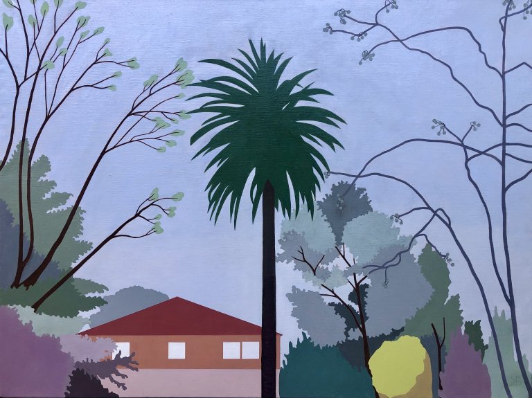 an abstract acrylic piece on linen showing an exterior landscape featuring a large central palm tree, a small red-roofed house that is peach and pale pink, and several other trees, some leafy and some scraggly. the brushstrokes are smooth and undetectable, and each item is colorblocked in with little to no dimension. the artist has created dimension by varying the shades used in the different items. the only piece of this landscape that has value variation is the sky, which fades from a light periwinkle at the top to a soft pale blue towards the horizon.