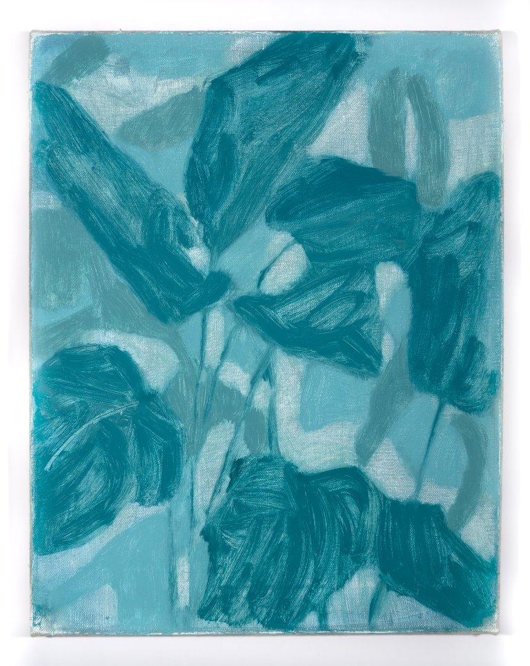 an abstract botanical piece on canvas that depicts the silhouettes of leafy shapes in turquoise against a pale blue background and a pale gray-turquoise silhouette behind. there are no definite shapes, only suggestions.
