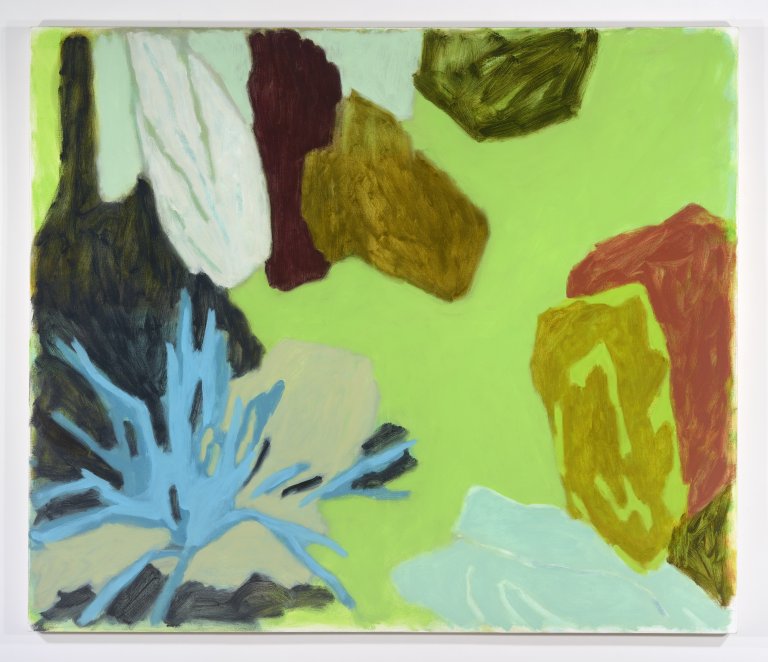 an abstract botanical piece on canvas that shows various rough leafy plantlike shapes in mint, olive green, burgundy, dusty red, baby blue, and sepia against a vibrant light tea green background