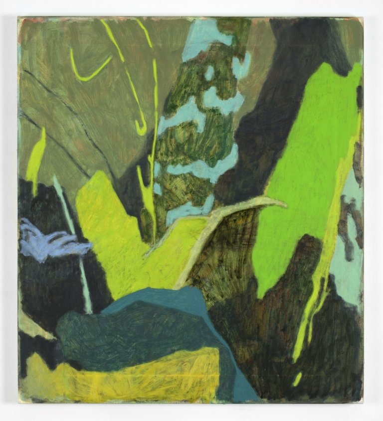 an abstract botanical piece on canvas depicting rough outlines of leaflike shapes in different shades of green including neon green, mint green, teal, lime, olive, deep aqua, kelly green, forest, chartreuse, and accented with sepia and periwinkle