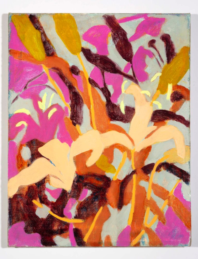 an abstract botanical piece on canvas that depicts the silhouettes of leafy plantlike shapes in shades of pink