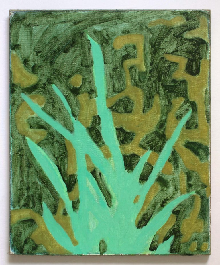 an abstract botanical piece with a camouflage-like background in olive green and deep sap green. there is an outline like an aloe plant in the foreground in mint green