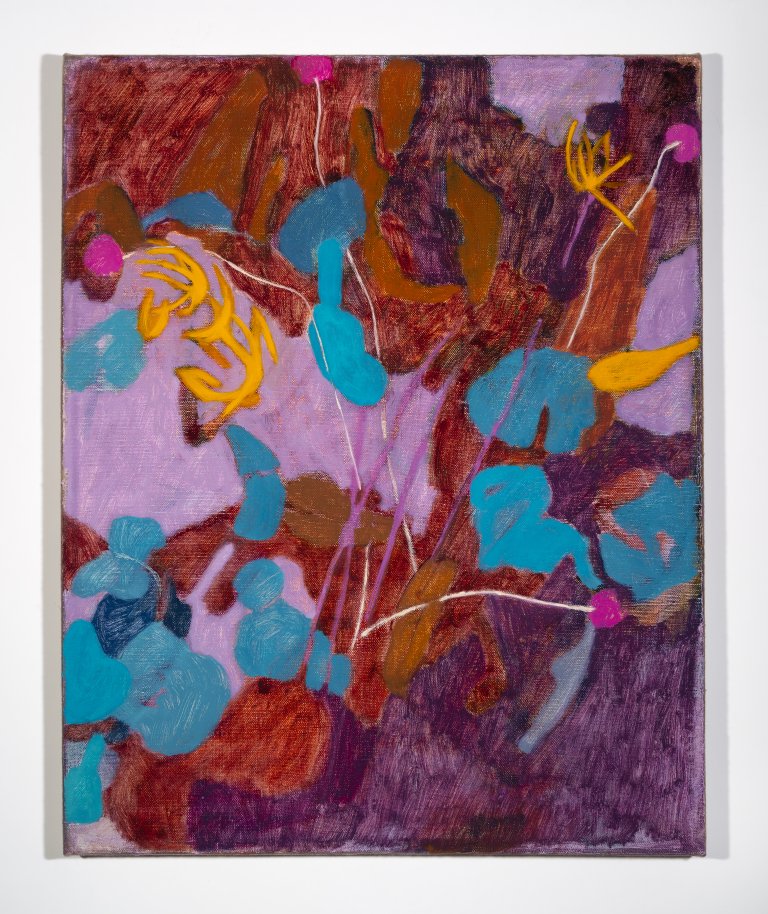 an abstract botanical piece with vague floral and leafy silhouettes in shades of deep purple, magenta, lilac, rust, electric blue, and goldenrod.