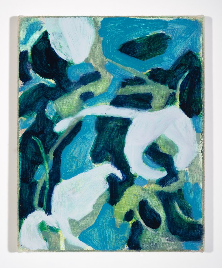 an abstract botanical piece with vague floral and leafy silhouettes in shades of aqua blue, scarab green, lime green, electric blue, soft sage, indigo, and white