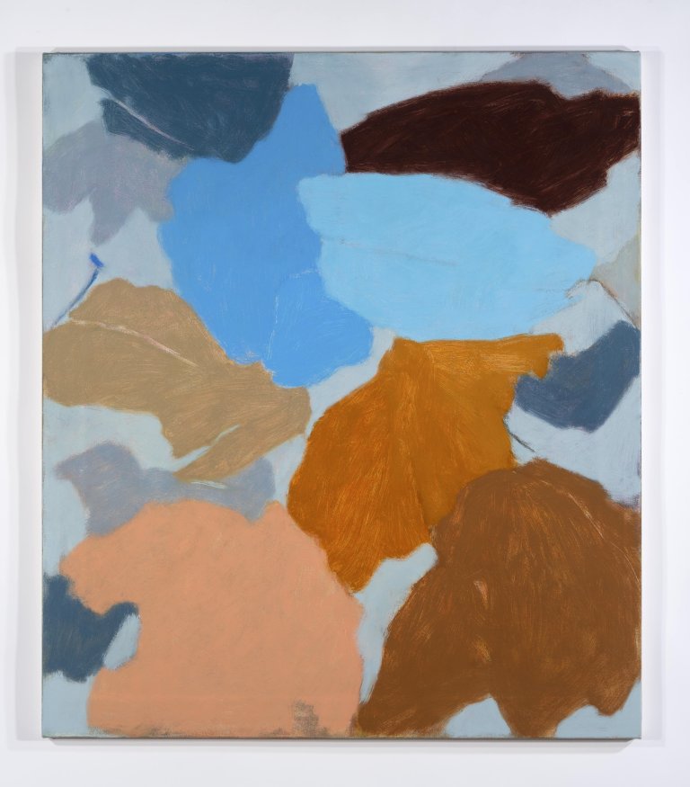 an abstract botanical piece that resembles the silhouettes of leaves overlapping with one an another as if caught in a gust of wind caused by a sudden change in the weather. the leaves are in shades of terra cotta, deep clementine, burgundy, slate, peach, baby blue, electric blue, beige, and pale gray