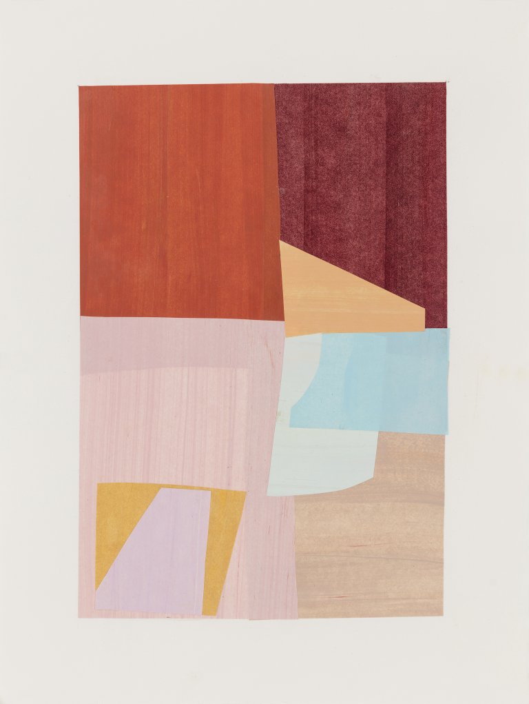 an abstract mixed media piece consisting of color blocks in shades of peach, pale pink, baby blue, soft burgundy, goldenrod, and blush