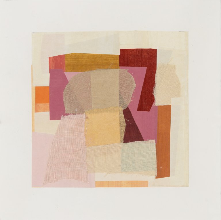 an abstract mixed media piece consisting of color blocks in shades of peach, pale pink, bubblegum pink, soft burgundy, goldenrod, burnt orange, gold, coral, cream, and blush