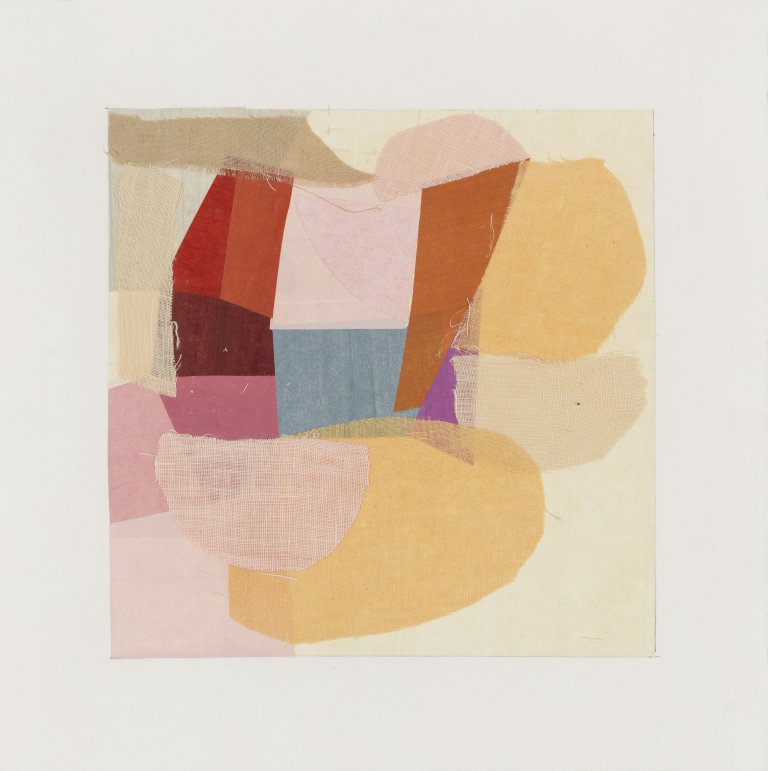 an abstract mixed media piece consisting of color blocks in shades of peach, orange creamsicle, red, soft burgundy, taupe, slate blue, watermelon pink, and a touch of magenta