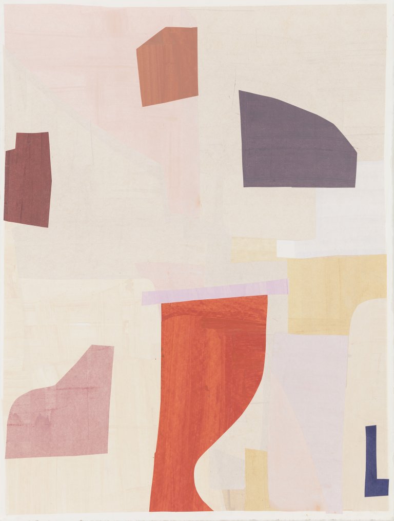 an abstract mixed media piece consisting of color blocks in shades of peach, red, soft burgundy, taupe, slate, deep blueberry blue, and mauve
