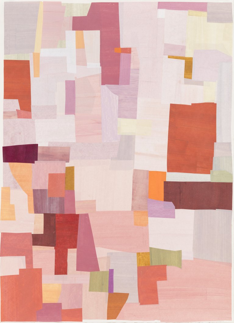 an abstract mixed media piece consisting of color blocks in shades of peach, red, soft burgundy, taupe, magenta, dusty orange, bubblegum pink, soft magenta, light orange creamsicle, tan, goldenrod, coral, and mauve