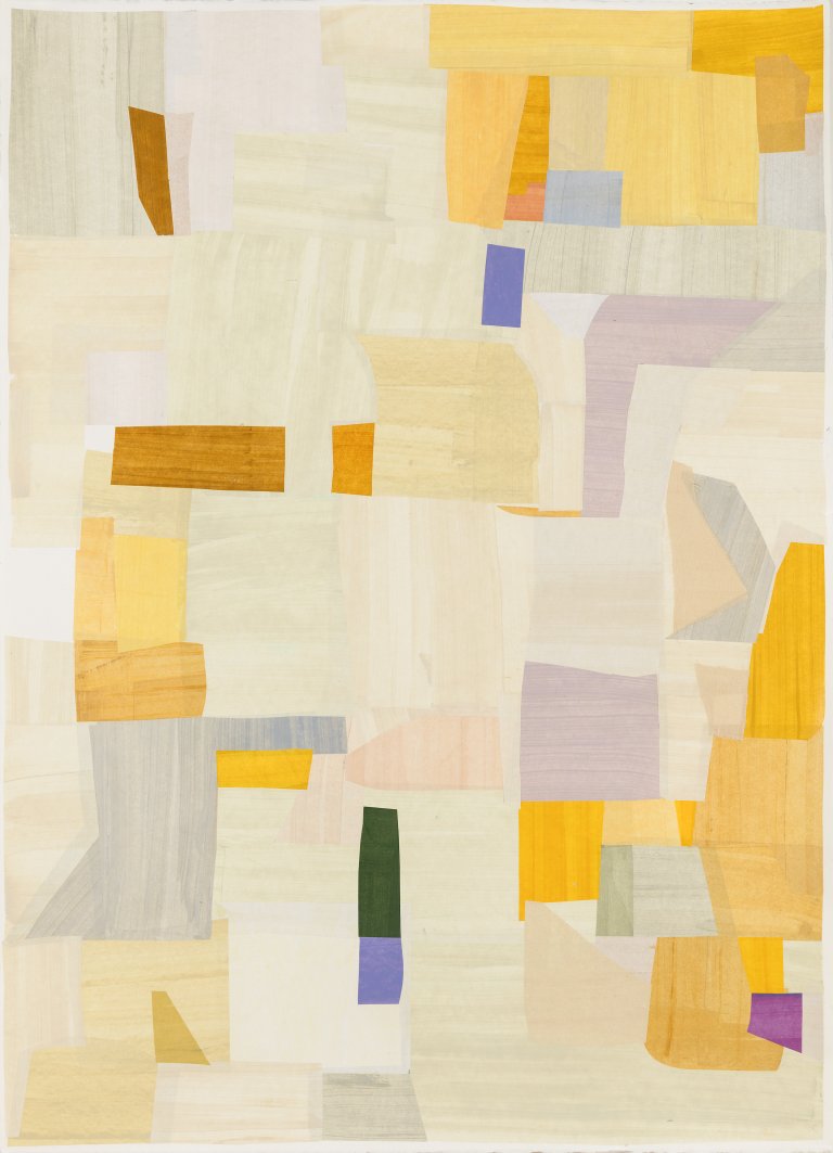 an abstract mixed media piece consisting of color blocks in shades of lemon yellow, gold, pale yellow, soft tawny, and a few pops of cool purple and forest green.