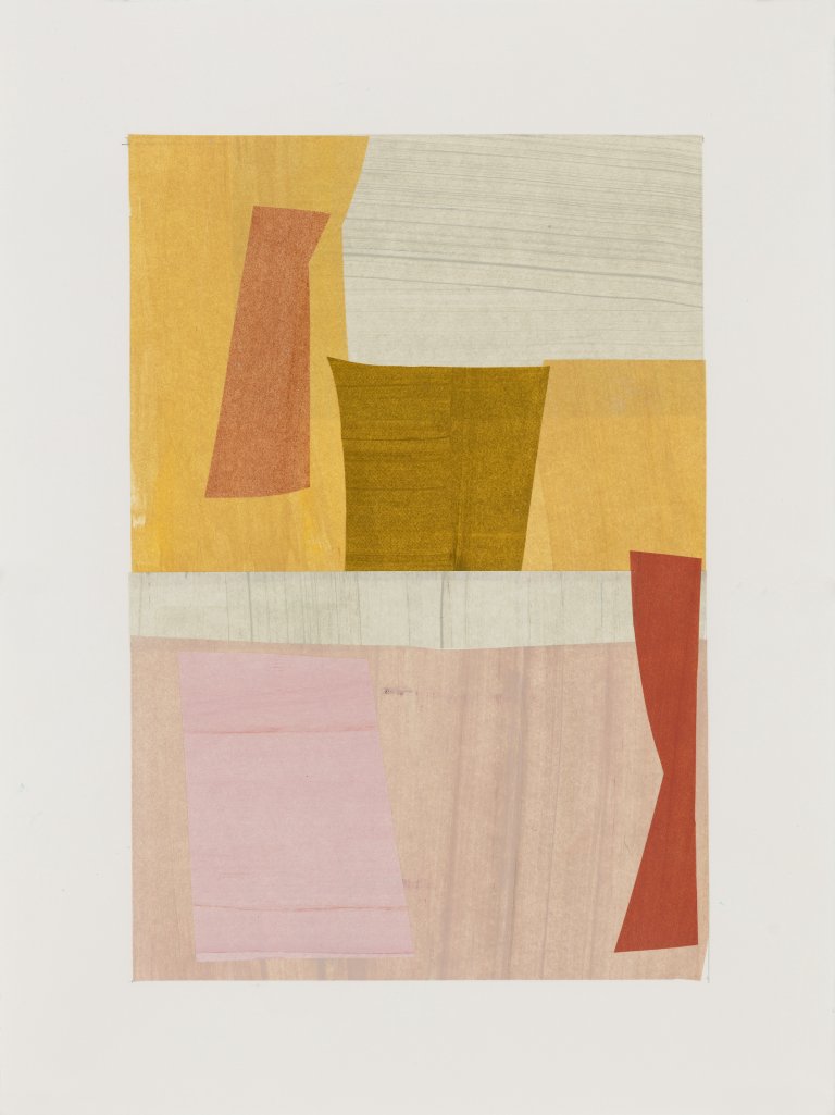an abstract, slightly geometric mixed media piece that has a vertical rectangle in the center of it. the rectangle has color blocks inside in shades of deep gold, pale butter yellow, blush, faded rust, pale pink, off white, and mauve