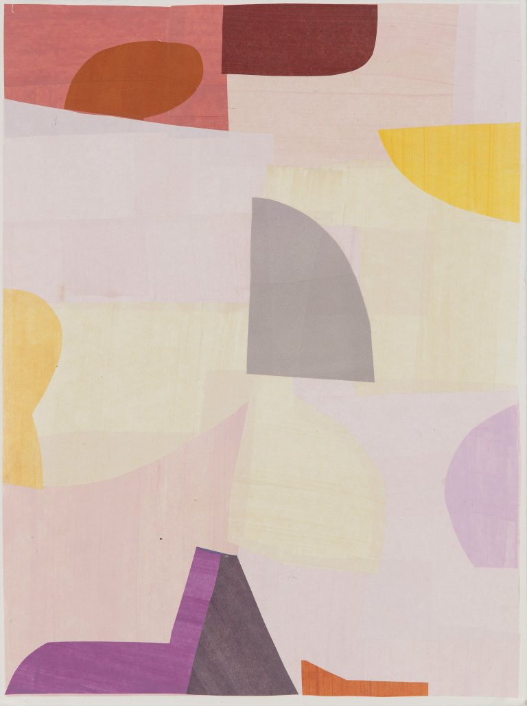 an abstract mixed media piece consisting of color blocks in shades of lilac, terra cotta, magenta, lemon yellow, peach, pale pink, taupe, and maroon.