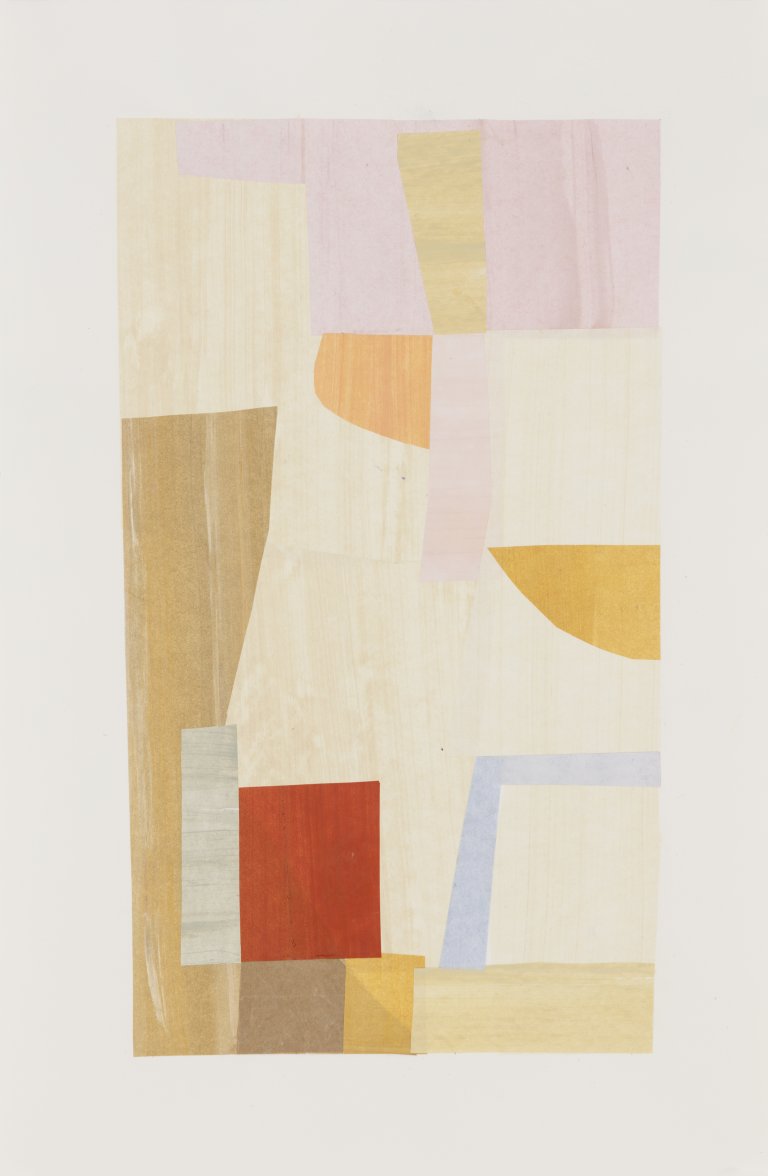 an abstract, slightly geometric mixed media piece that has a vertical rectangle in the center of it. the rectangle has color blocks inside in shades of deep gold, pale butter yellow, blush, faded rust, pale pink, off white, and terra cotta