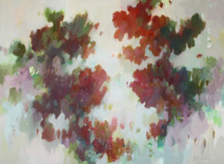 an abstract oil piece on canvas with large clumps of color in violet, sap green, brunt orange, deep plum, peach, goldenrod, and powder blue. the background is mostly pale mint green and periwinkle.