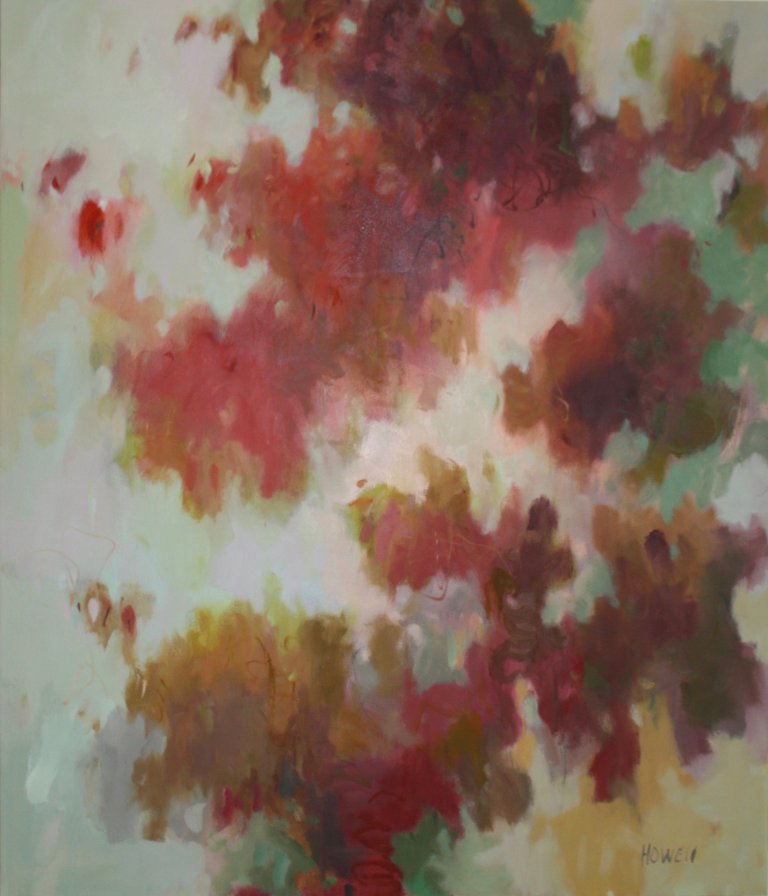 an abstract piece on oil that has large clumps of color in burgundies, reds, maroons, and olive green against a background of faded mint green with celadon and yellow splotches