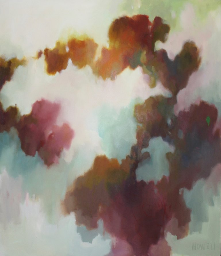 an abstract oil piece on canvas that has large plum colored clumps of color accent with golden brown and deep orange against a background of faded lilac and mint with splotches of pale green and light gray blue. it mimics the way light passes through leafy tree branches