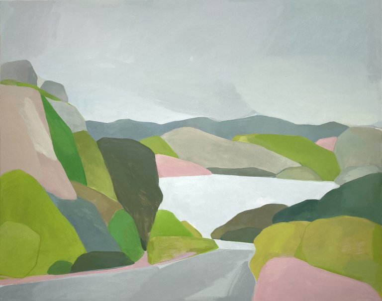 an abstracted landscape that shows a strip of grey road leading backward to a pale blue body of water. there are rolling grey, green,and soft pink hills surrounding the road and the lake. in the distance under a moody grey sky there is a strip of cool grey mountains.