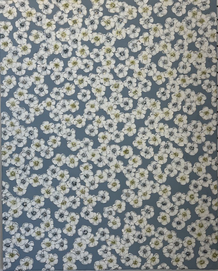a mixed media piece on canvas of white flowers with blue and green centers scattered on a slate gray background. the flowers are painted in an impasto style which adds a lot of depth