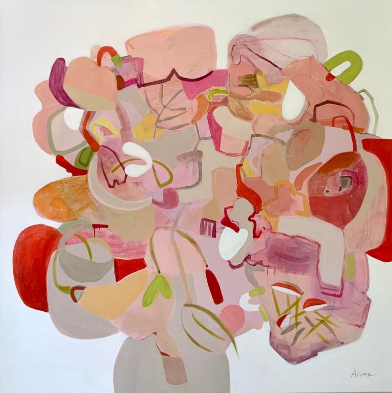 an abstract floral piece against an off-white background. a burst of color that resembles pastel flowers, some bright red, orange, and pink, and fluffy lime green leaves.