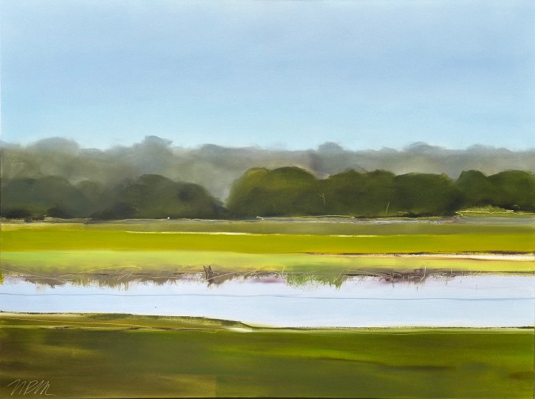 an abstract landscape painted on canvas depicting a clear blue sky above a strip of bushes and trees, a stripe of limey green grass, and a thin pale blue body of water. the foliage is painted in a deep olive green with touches of dark kelly green and ochre. the grass is lime colored with hints of yellow and touches of umber. there are shaggy strokes of paint where the earth meets the water that give the impression of grass. the piece is titled quiet spaces, which is fitting because the piece has a serene and tranquil air to it.