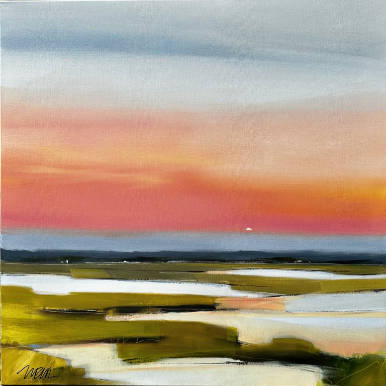 an abstract landscape piece depicting a beautiful tangerine and rose colored sunset over a marshy area. the marsh has light blue water and olive green land. there is a strip of dark indigo land on the horizon, with a hazy pale blue cloud in front of a vibrant orange, pink, and red sky with a tiny sliver of a pale yellow sun. the sky is reflected in the water on the ground.