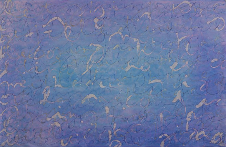 Mixed media on rice paper, endless loops and scrolls in white and indigo and pale pink on a dark purple-blue background with a faded center