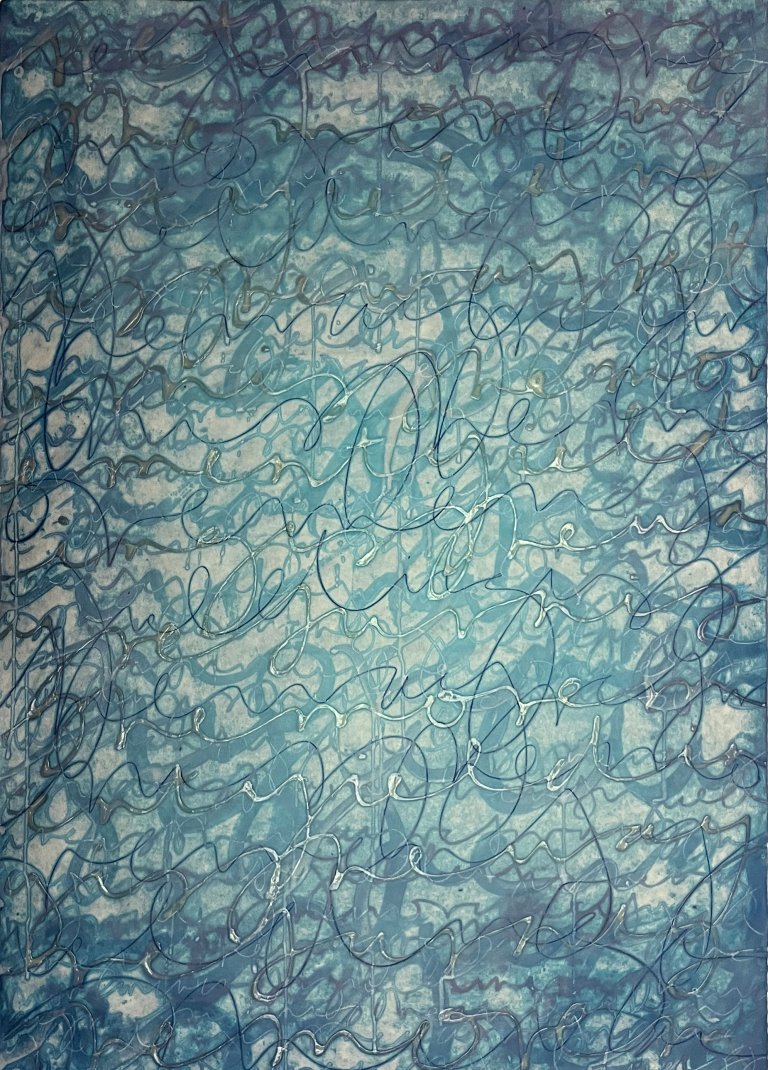 Mixed media on rice paper, endless loops and scrolls in white and indigo and navy on a dark indigo-blue background with a faded center