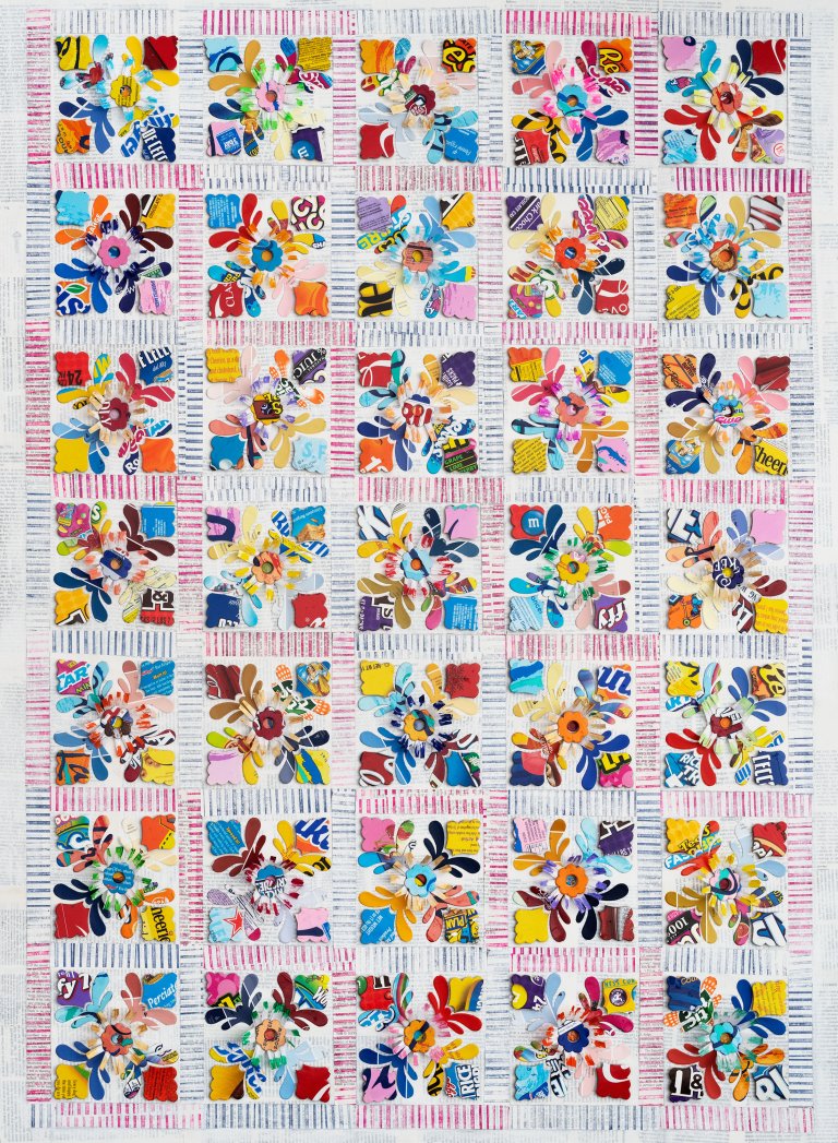an abstract paper collage that resembles a quilt. there are 7 rows of 5 squares each. each square has a brightly colored collaged flower in the center, and the top and right borders of each square are lined with hot pink stripes, and the bottom and left sides are lined with gray stripes
