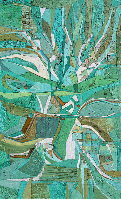 an abstract piece of artwork in hues of aqua, teal, mint, emerald, soft blue, soft kelly gren, light olive, and dove gray. the painting is arranged like a mosaic, with each section a shard fitting neatly between the pieces around it.